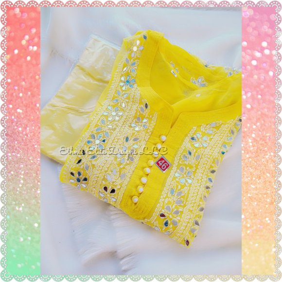 Salwar Kameez Other - New Yellow Hand Embroidered Mirror Work Kurti - New Lucknowi Kurti With Inner